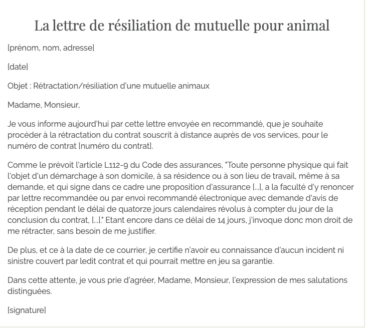 modèle de lettre de résiliation d'assurance pour animaux